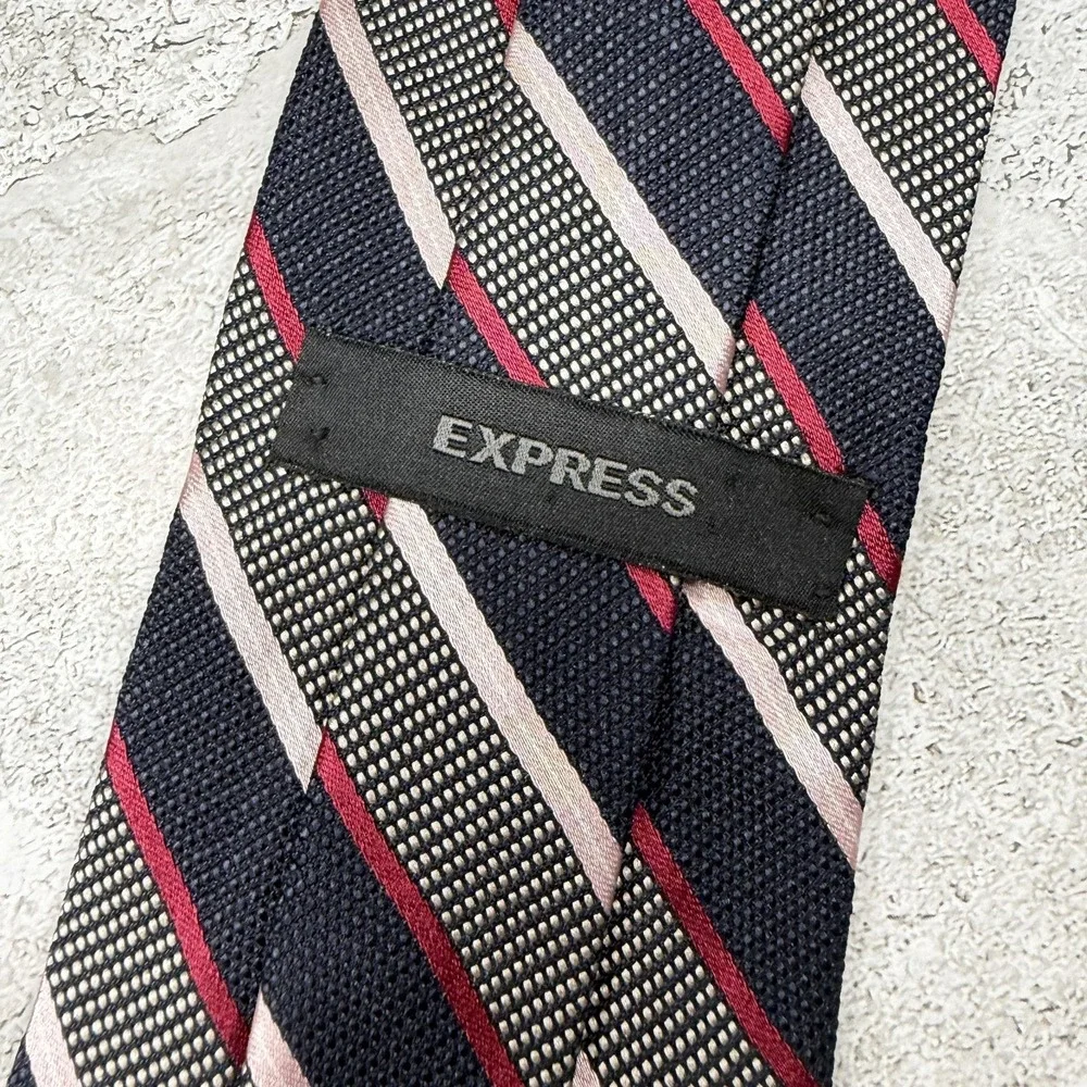 Express Silk Tie Mens One Size Black Striped 100% Silk Made‎ In USA Necktie